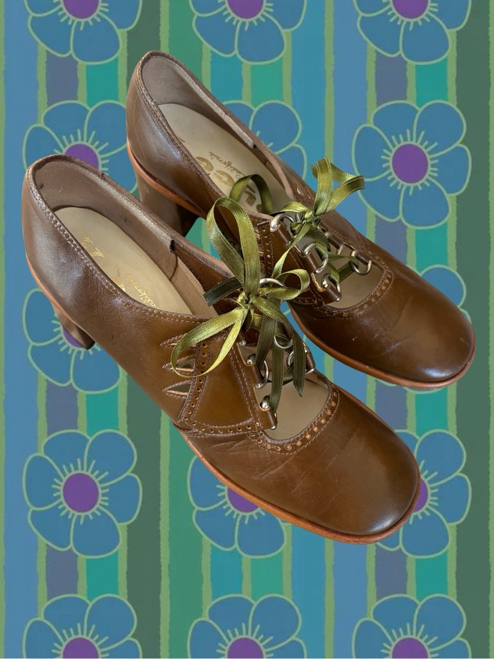 Vintage Brown Leather Lace-Up Heels with Olive Satin Ribbons